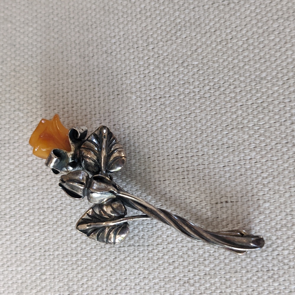 Vintage Amber Rose Sterling Silver Brooch Pin